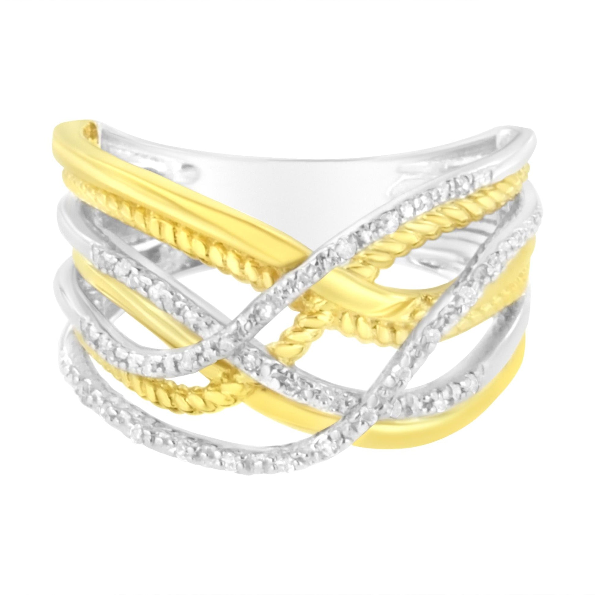 10K Yellow Gold Plated .925 Sterling Silver 1/10 Cttw Diamond Multi Row Crossover Ring Band (I-J Color, I1-I2 Clarity)-3