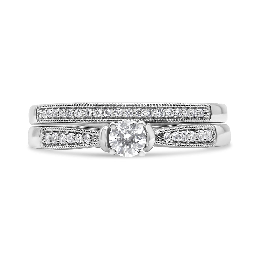 .925 Sterling Silver 1/3 Cttw Diamond Classic Engagement Ring Bridal Set with Milgrain (I-J Color, I3 Clarity)-3