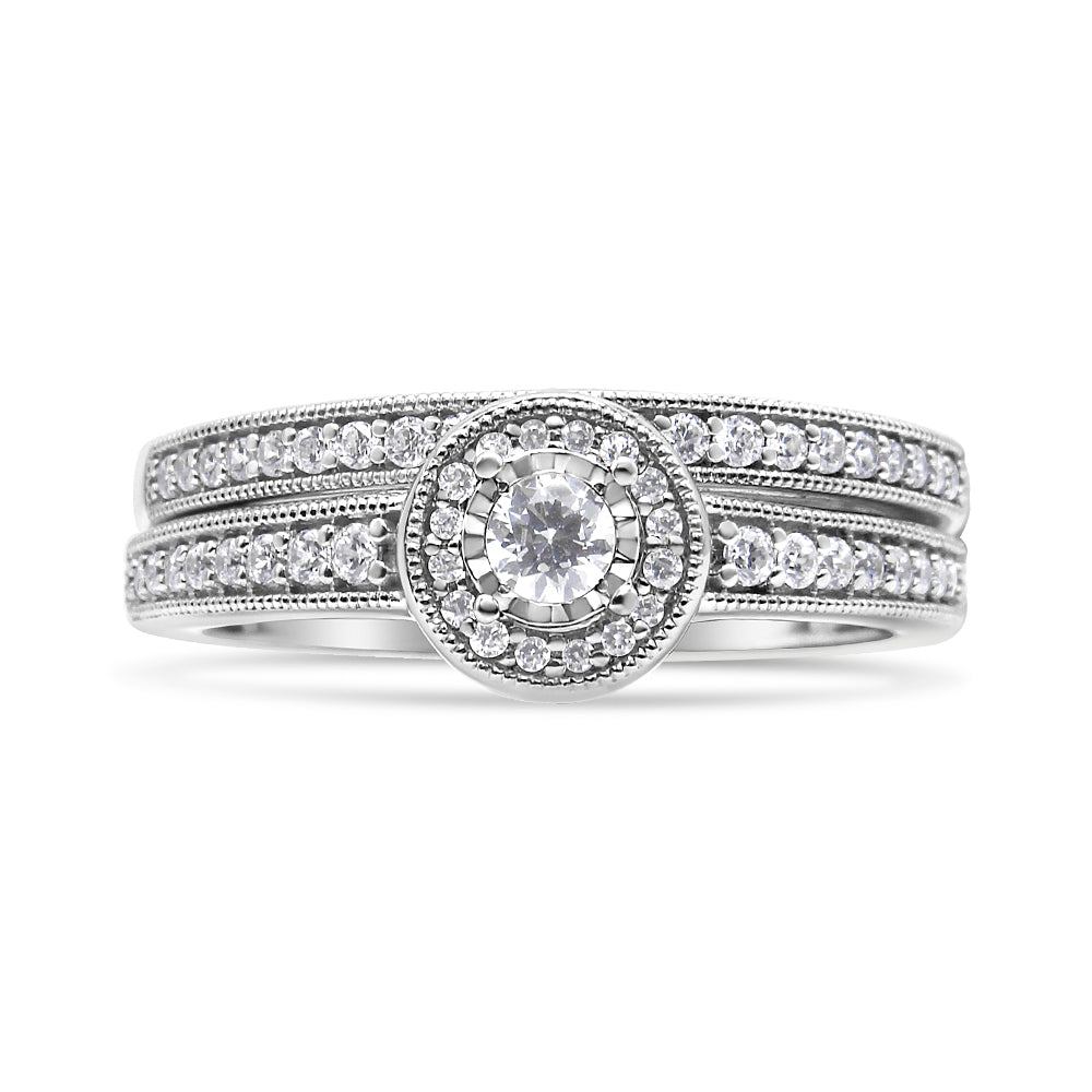 .925 Sterling Silver 1/2 Ctw Diamond Halo and Milgrain Engagement Ring Bridal Set (I-J Color, I3 Clarity)-3