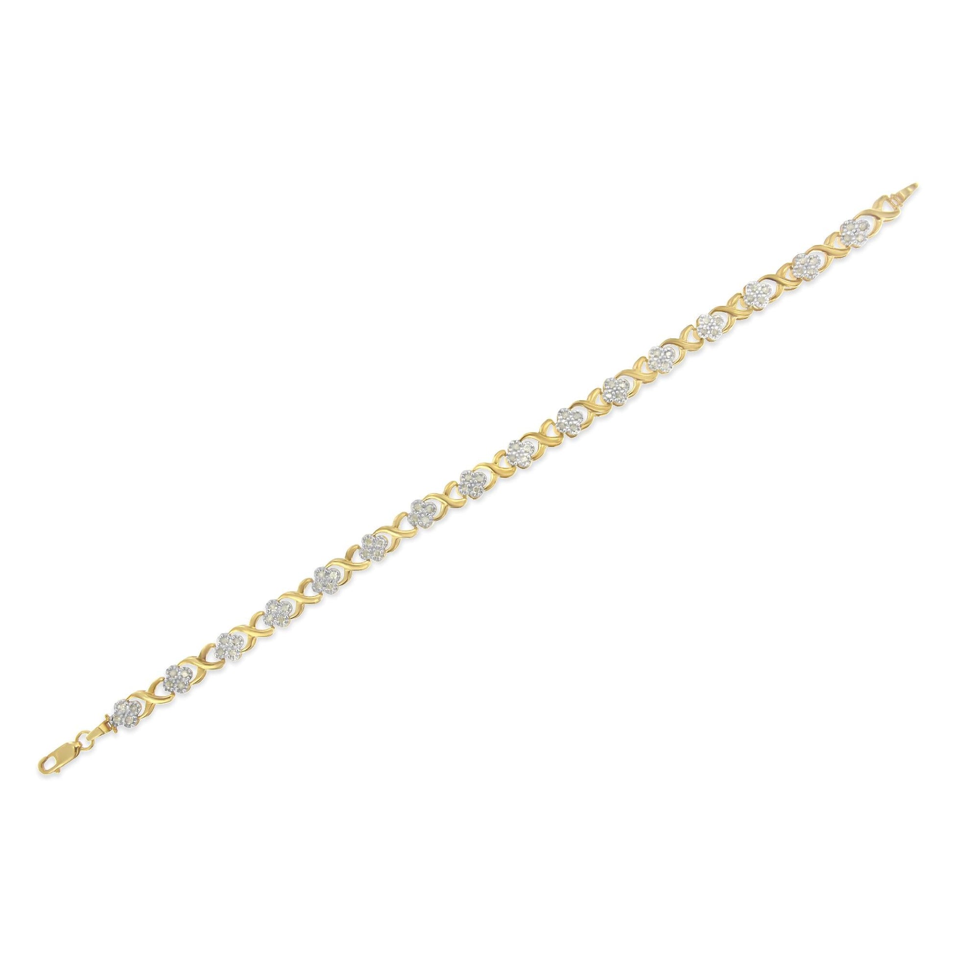 10K Yellow Gold over .925 Sterling Silver 1.0 Cttw Diamond Cluster X Link Tennis Link Bracelet (H-I Color, I3 Clarity) - 7"-4