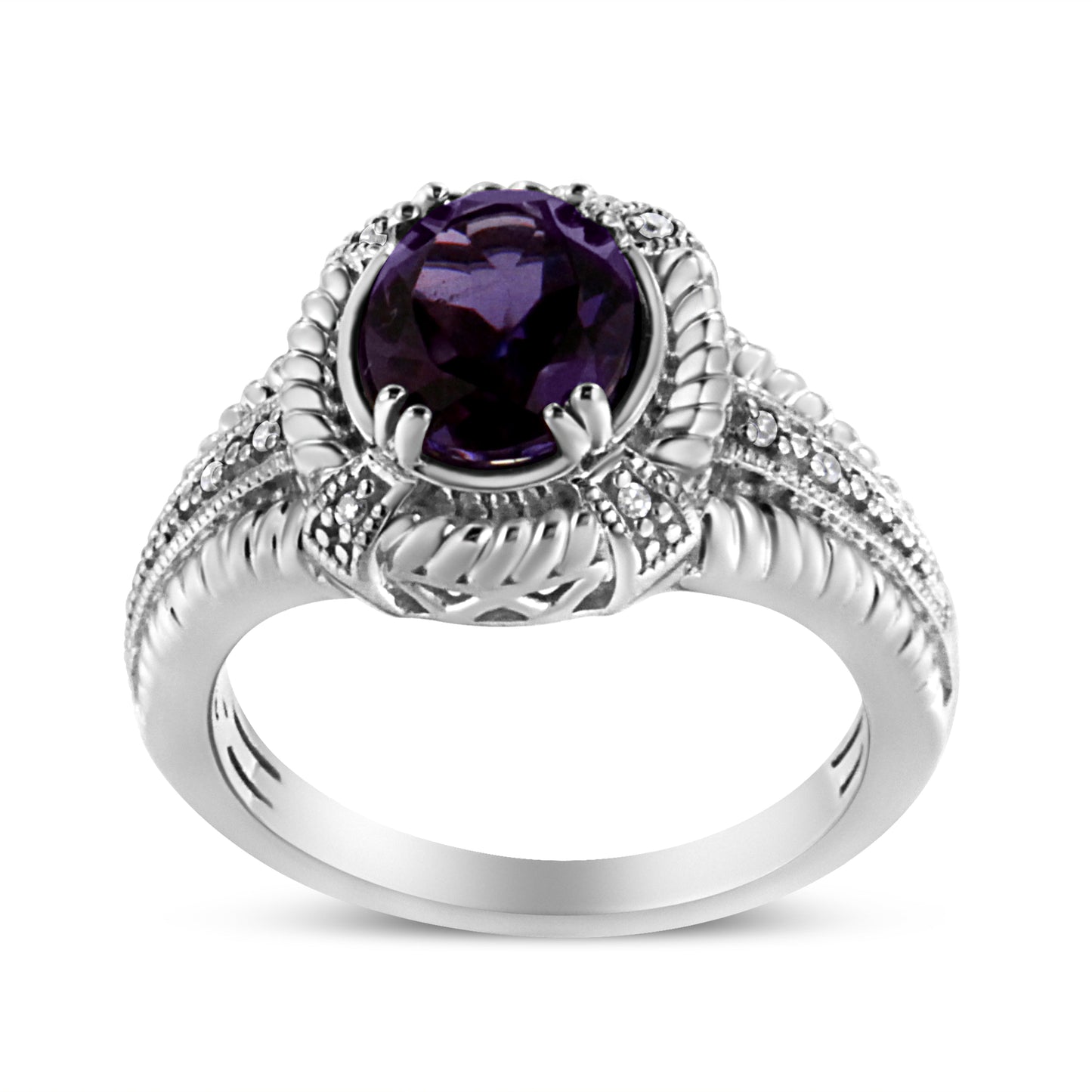 .925 Sterling Silver Prong Set Natural Oval Shape 9X7 MM Purple Amethyst Solitaire and Diamond Accent Ring (I-J Color, I1-I2 Clarity)-4