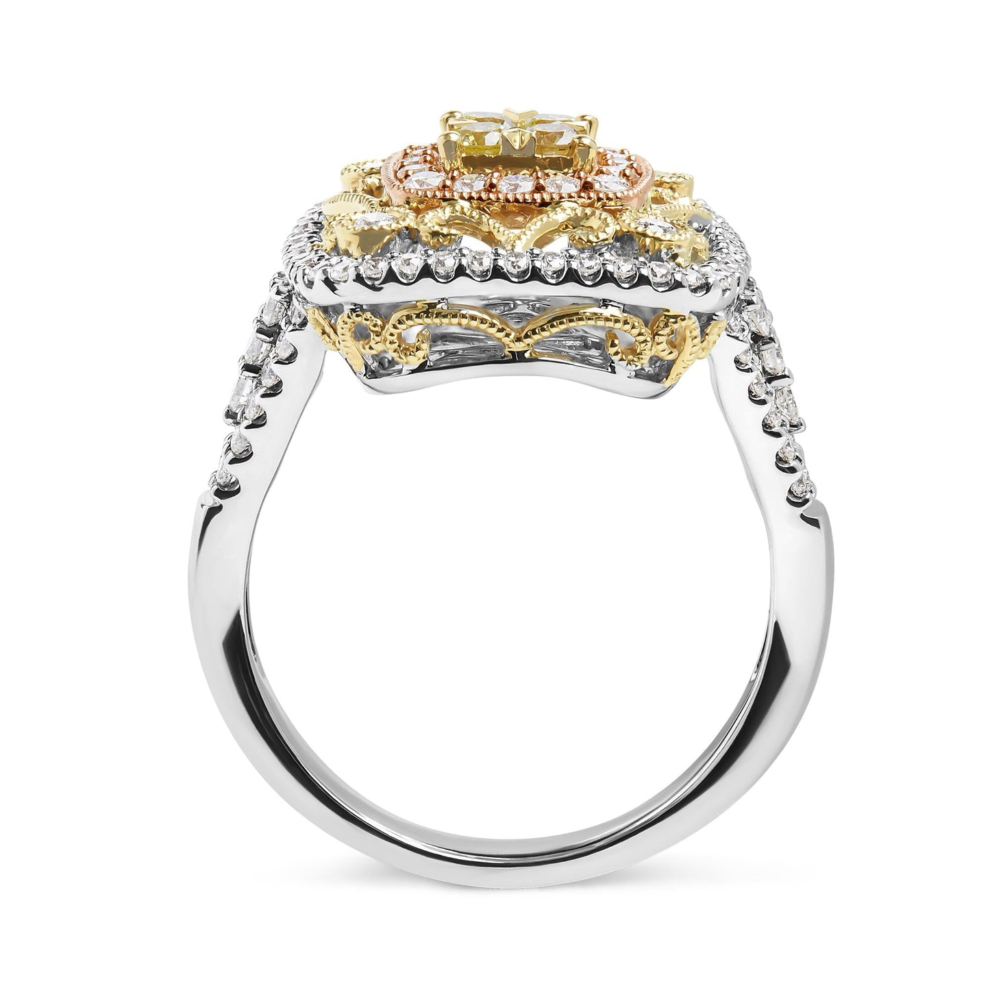 14K Tri-Toned Gold 1.00 Cttw Yellow Diamond Halo and Milgrain Cocktail Cluster Ring (Yellow/G-H Color, SI1-SI2 Clarity) - Ring Size 7-4