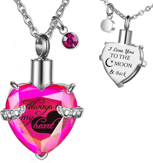 Heart Urn Necklaces for Ashes Memorial Cremation Jewelry for Ashes, Birthstone Crystal Urn Locket Keepsake Pendant Urn Jewelry with Always in My Heart & I Love You to the Moon and Back Words Carved