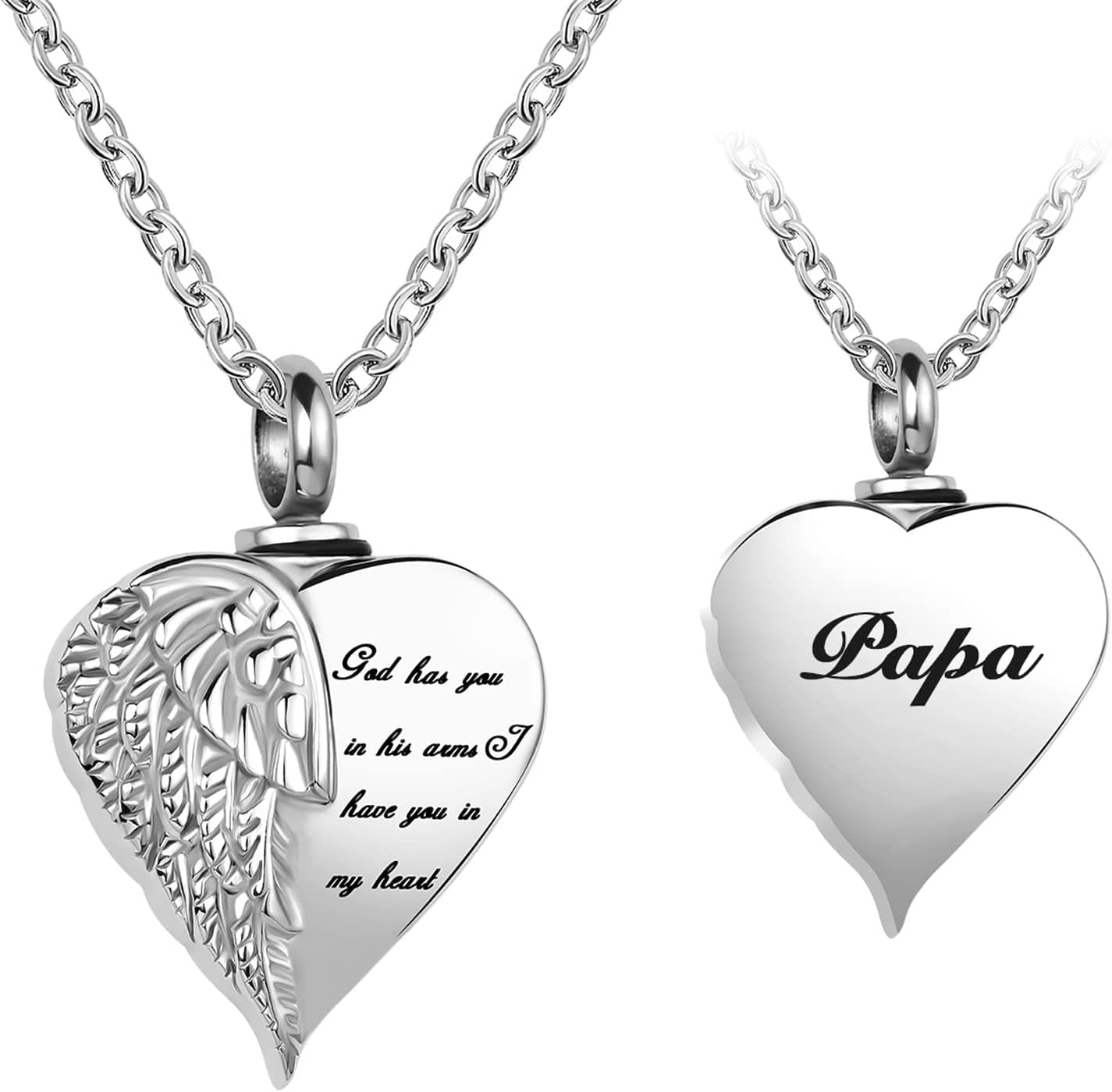 Angel Wing Heart Cremation Urn Necklace for Ashes Papa Keepsake Memroial Jewelry God Has You in His Arms I Have You in My Heart