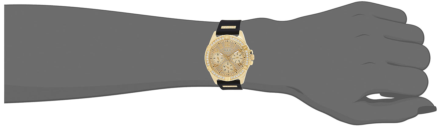 GUESS Gold-Tone Stainless Steel Crystal Encrusted Dial with Black Stain Resistant Silicone Watch