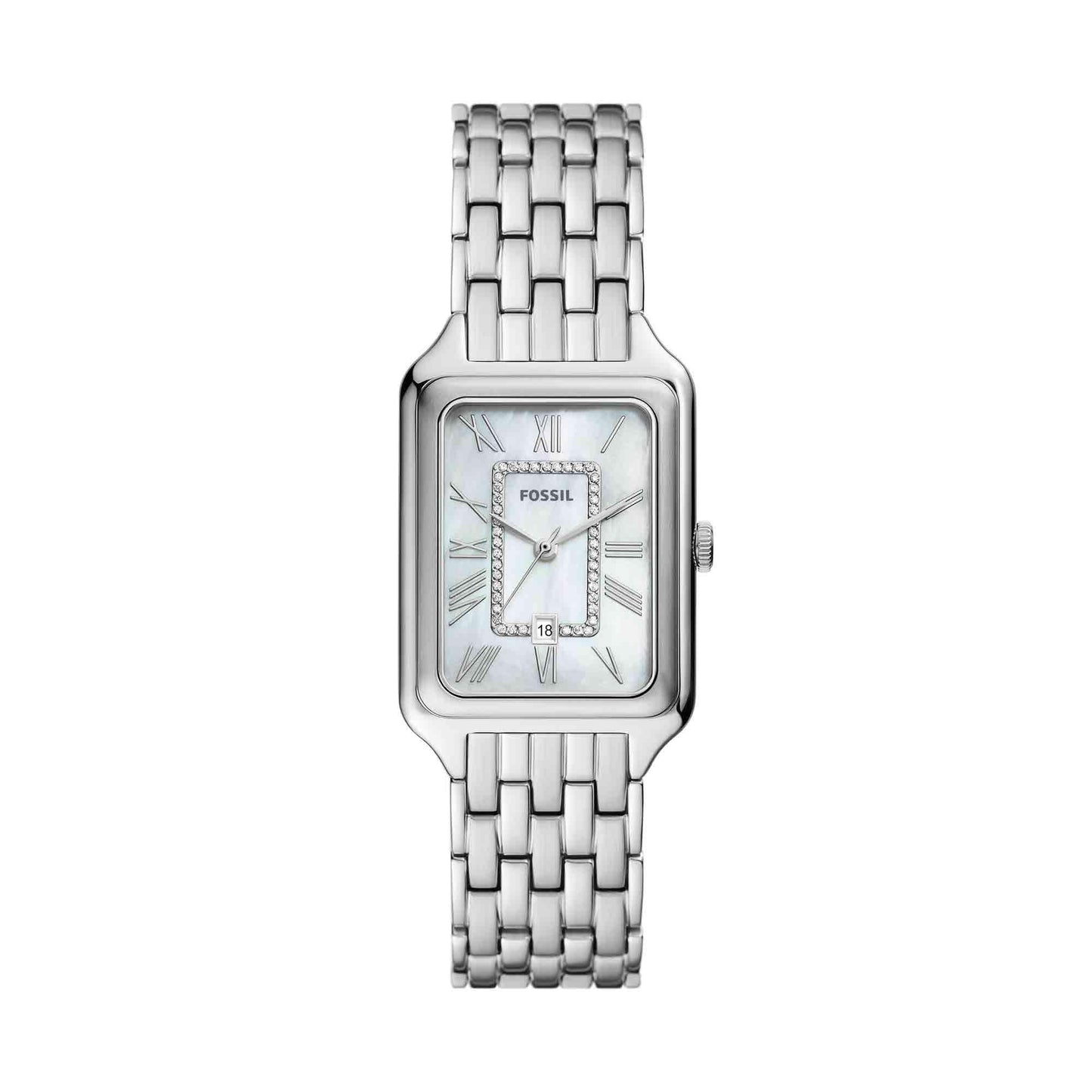 Fossil Raquel Women's Watch with Rectangular Case and Stainless Steel Bracelet or Leather Band