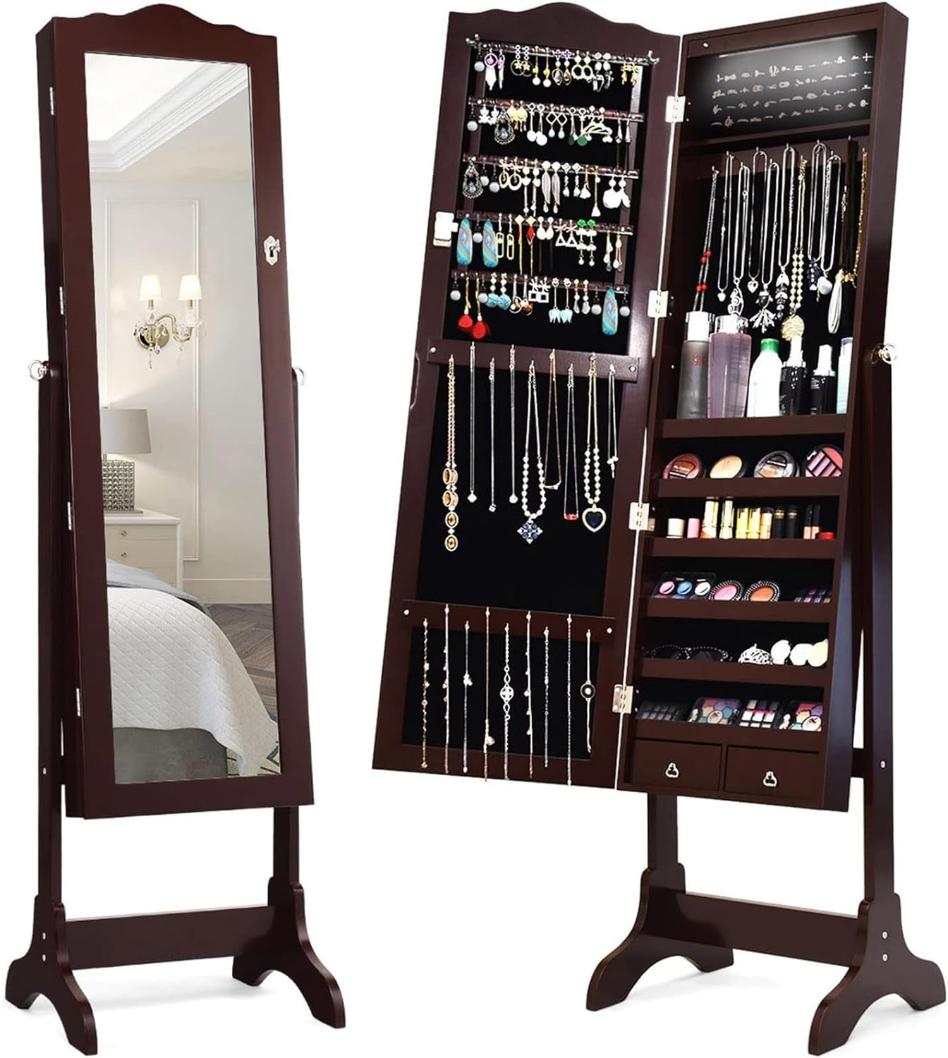 Jewelry Armoire Organizer with Full Length Mirror, 14 Leds Floor Standing Jewelry Cabinet with 2 Drawers, 4 Adjustable Angles, Lockable Jewelry Storage Box Cabinet (Brown)