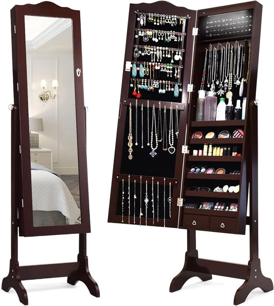 Jewelry Armoire Organizer with Full Length Mirror, 14 Leds Floor Standing Jewelry Cabinet with 2 Drawers, 4 Adjustable Angles, Lockable Jewelry Storage Box Cabinet (Brown)