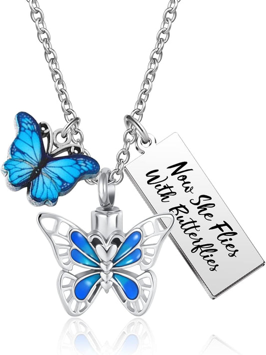 Flying Butterfly Cremation Jewelry for Ashes Insect Urn Necklace Stainless Steel Pendant Keepsake for Women with Filling Kits