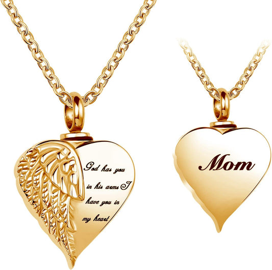 Guardian Angel Wing Cremation Urn Necklace for Ashes Mom Heart Shape Memorial Keepsake Pendant Ash Holder Jewelry for Women Girls Gold Ur_Dl_Heart5_Mom_G