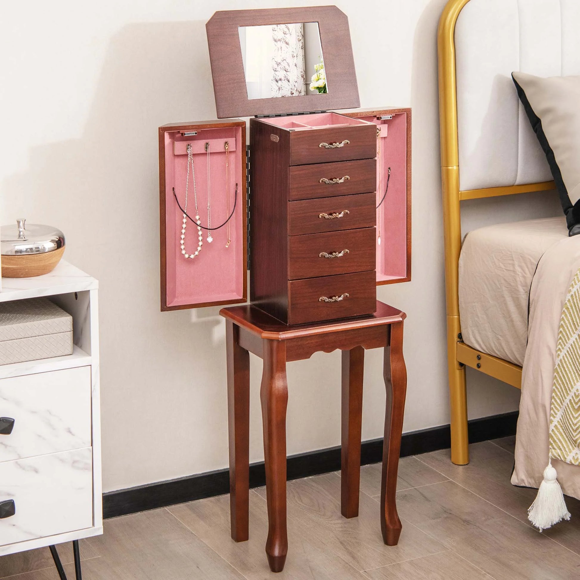 Jewelry Cabinet Storage Chest Stand Organizer Wood Box for Home Walnut