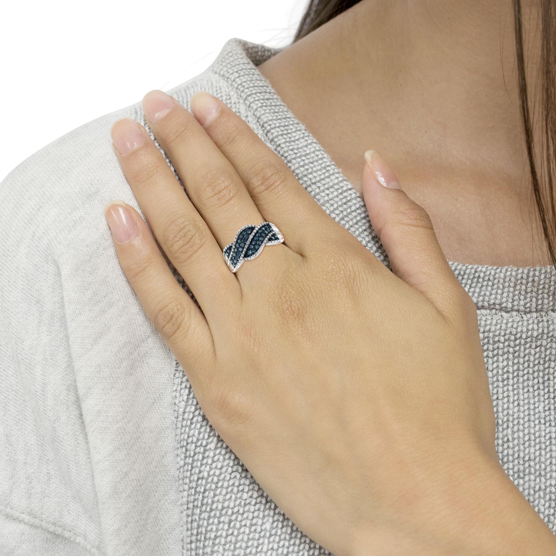 .925 Sterling Silver Treated Blue Color Diamond cocktail Ring (1/2 Cttw, Treated Blue Color, I2-I3 Clarity)-4