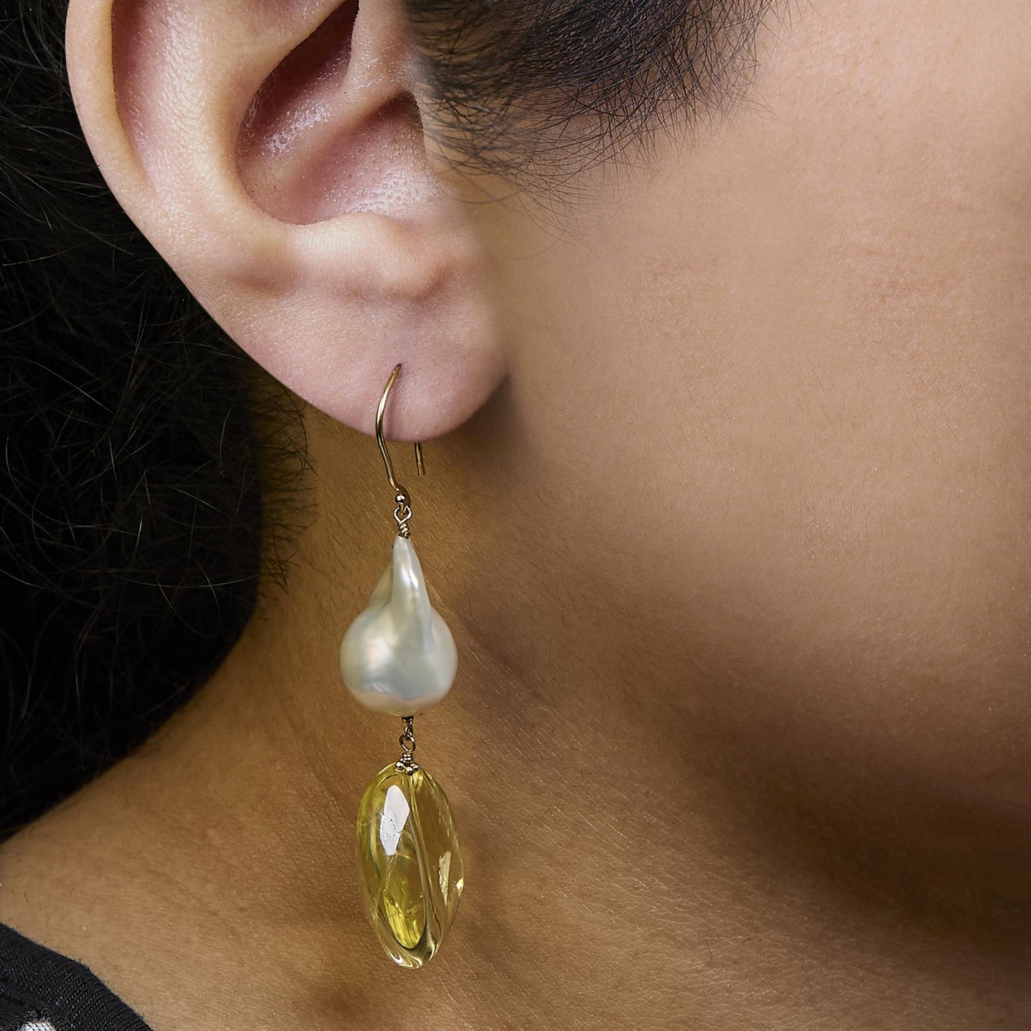 14K Yellow Gold Citrine and Baroque Pearl Drop and Dangle Earrings 1 3/4 Inch Dangle