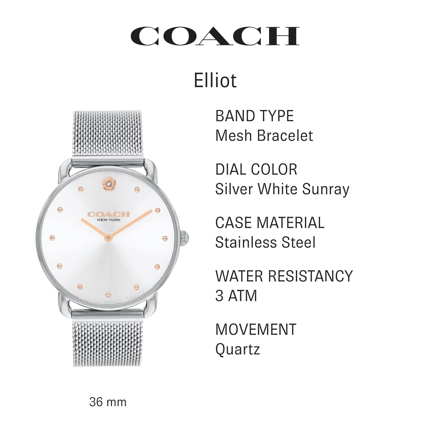 Coach Elliot Women's Watch | Modern Elegance with Iconic Tea Rose Detail | Chic Timepiece for Everyday Wear | Ideal Gift for Her | Water-Resistant | 36 mm