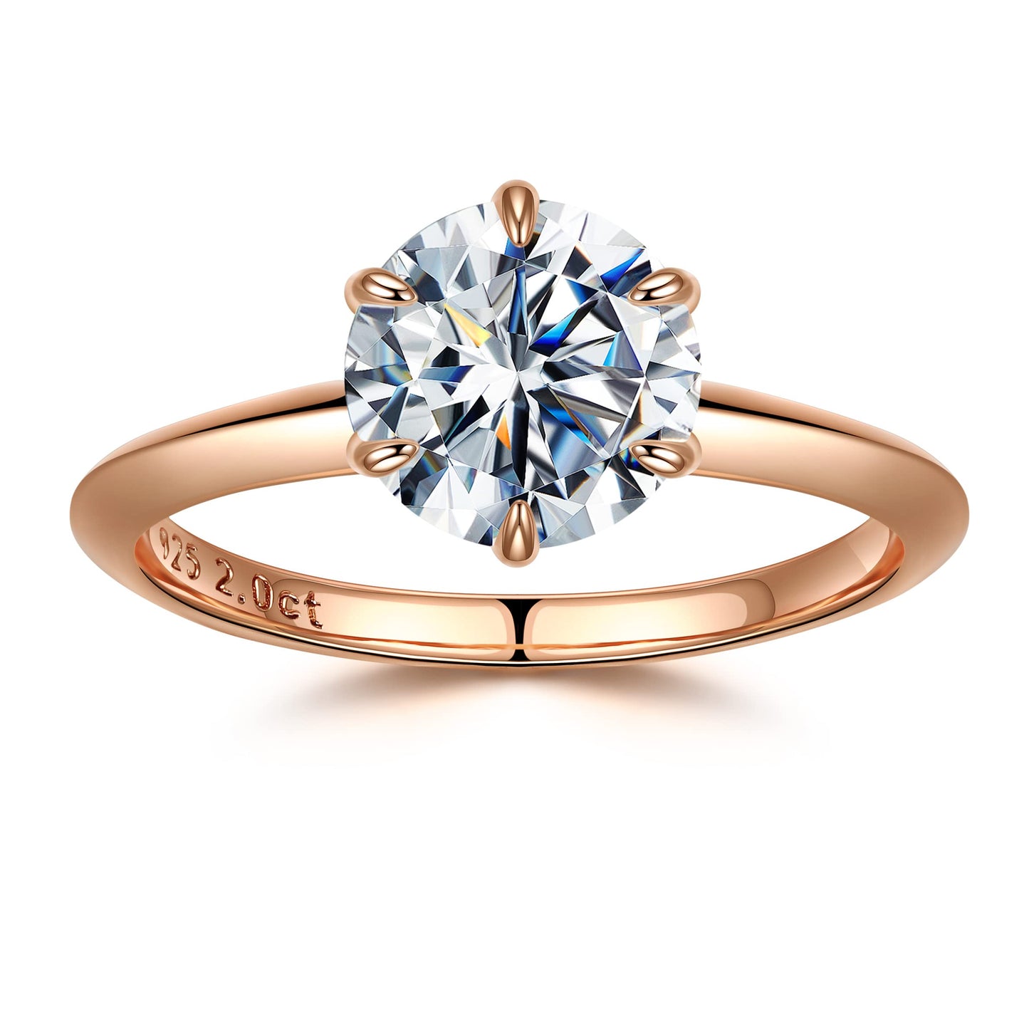 2ct Moissanite Rings for Women, Round D Color VVS1 Clarity Lab Created Moissanite Ring 18K White Yellow Rose Gold Vermeil 6 Claw Knife Edge Solitaire Moissanite Engagement Rings for Women