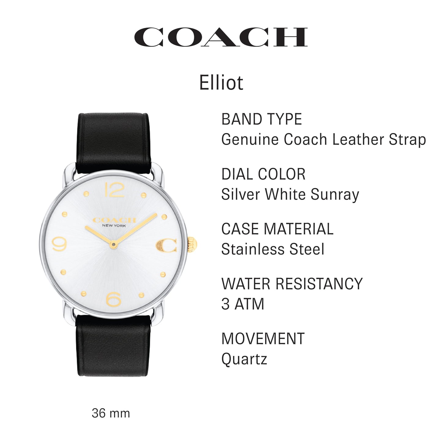 Coach Elliot Women's Watch | Sleek and Minimalist in Design | Timeless Style for Any Occasion | Gifts for Her | Water-Resistant | 36 mm