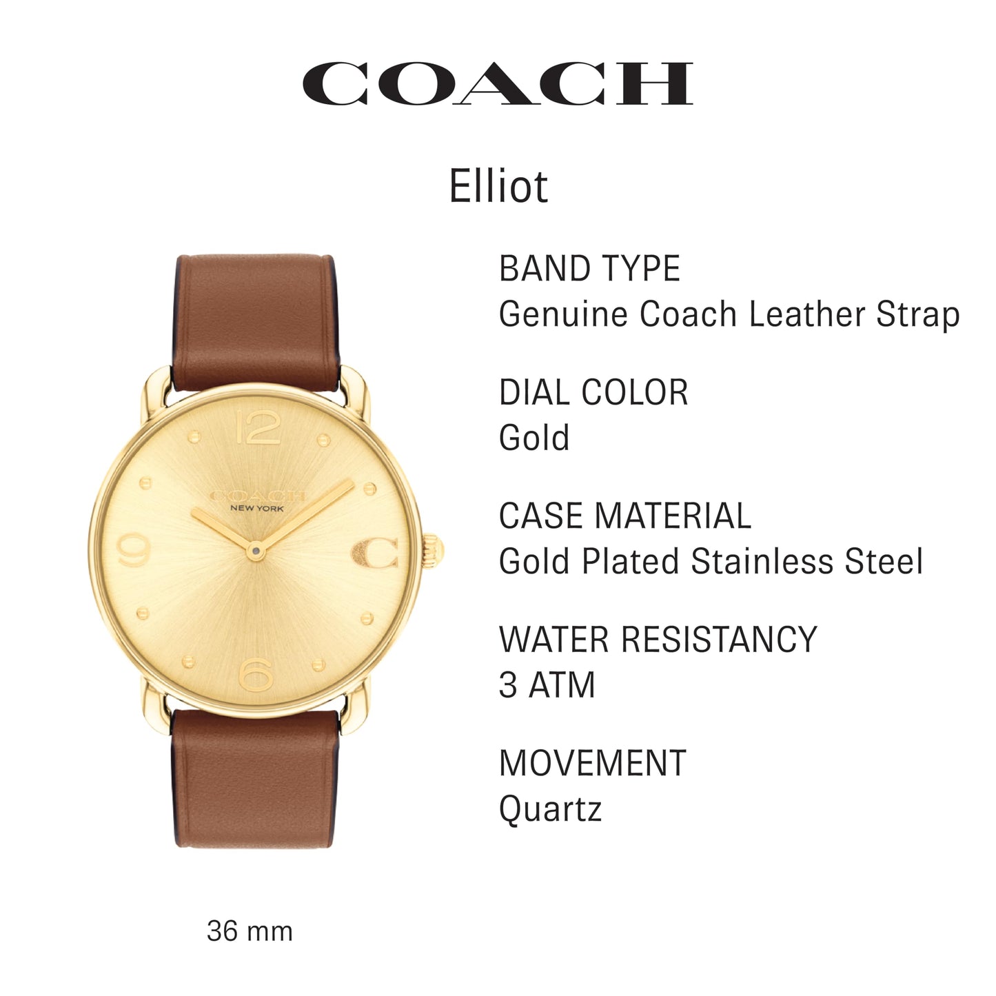 Coach Elliot Women's Watch | Sleek and Minimalist in Design | Timeless Style for Any Occasion | Gifts for Her | Water-Resistant | 36 mm