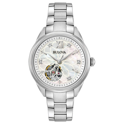 Bulova Ladies' Classic Diamond 3-Hand Automatic in Stainless Steel, Mother-of-Pearl Dial and Open Aperture Dial