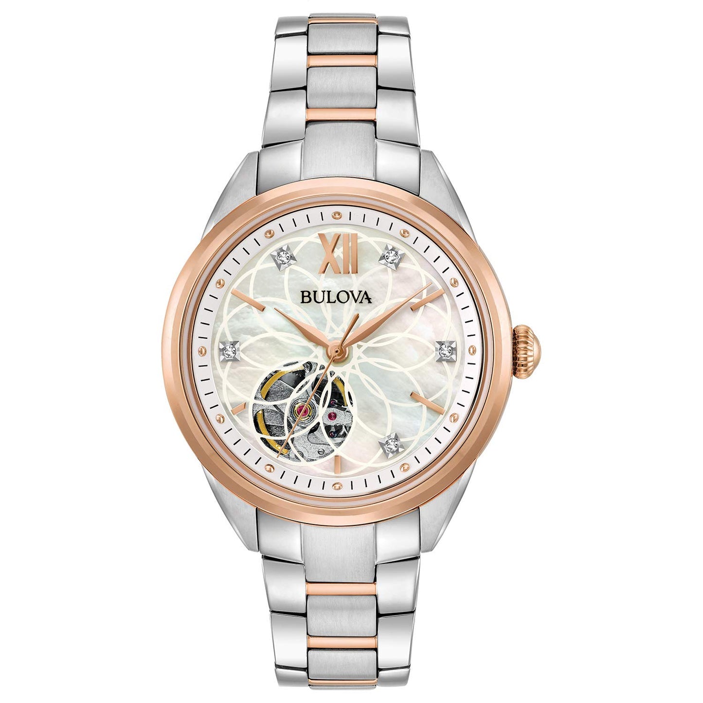 Bulova Ladies' Classic Diamond 3-Hand Automatic in Stainless Steel, Mother-of-Pearl Dial and Open Aperture Dial