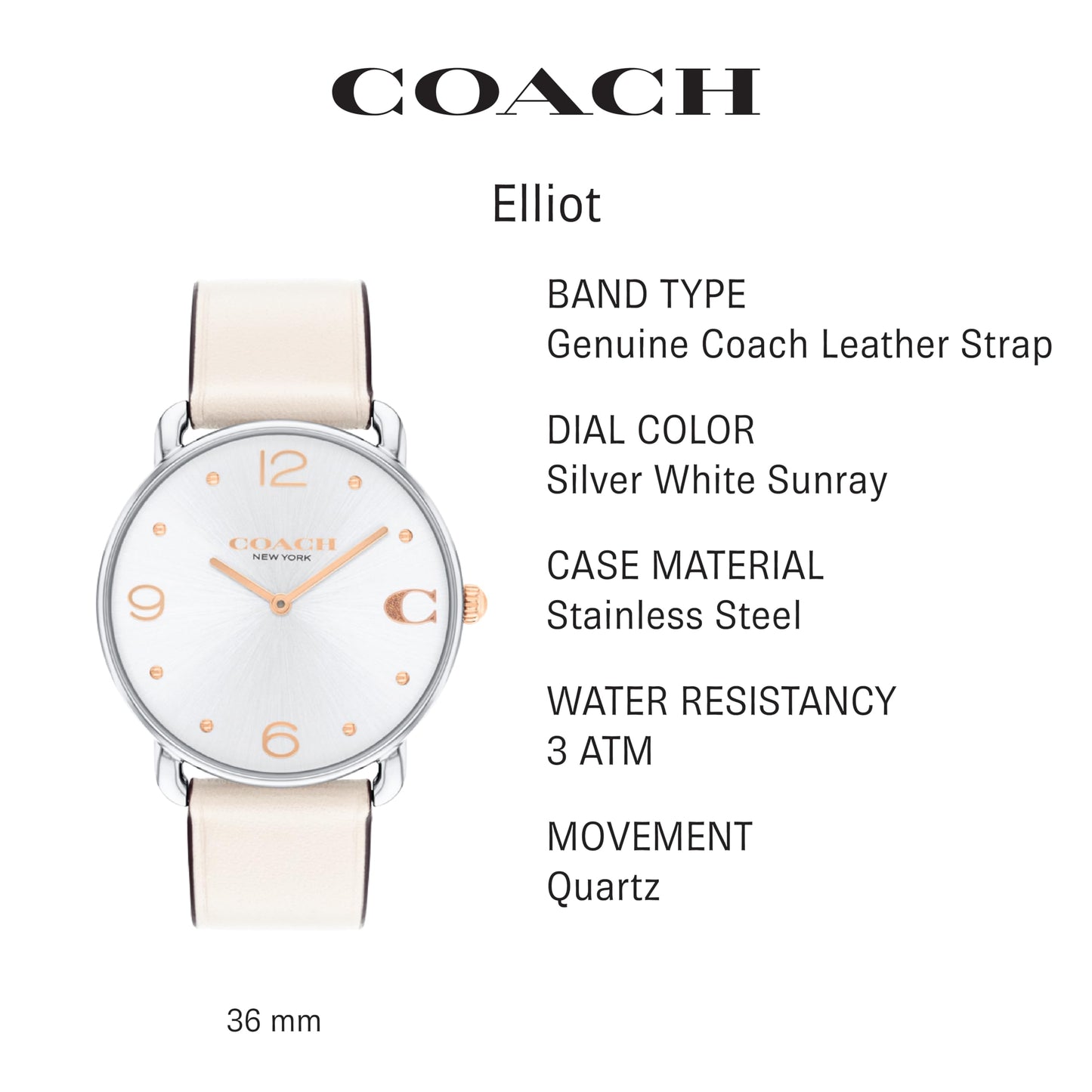 Coach Elliot Women's Watch | Sleek and Minimalist in Design | Timeless Style for Any Occasion | Gifts for Her | Water-Resistant | 36 mm