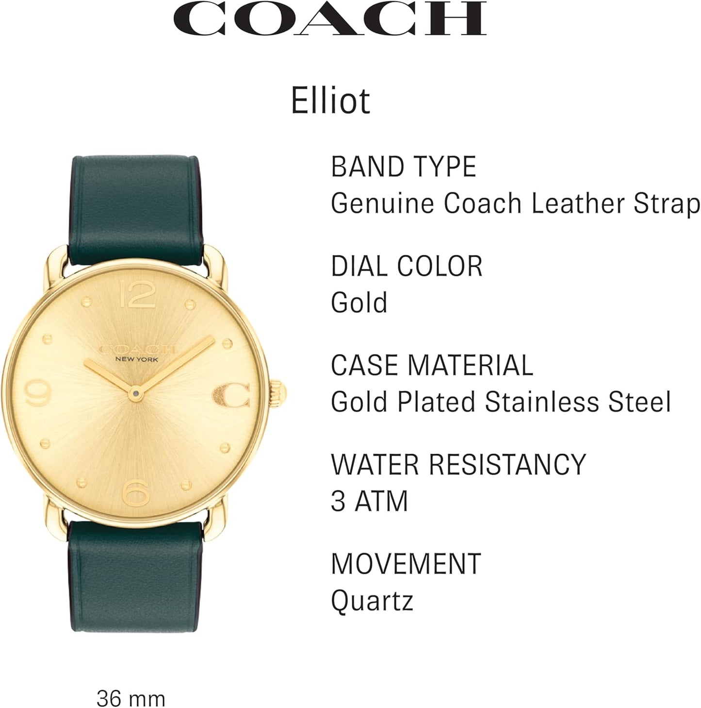 Coach Elliot Women's Watch | Sleek and Minimalist in Design | Timeless Style for Any Occasion | Gifts for Her | Water-Resistant | 36 mm