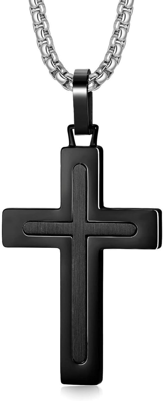 Men'S Stainless Steel Cross Necklace,Two-Tone Black & Blue Carbon Fiber Pendant - Included Gift Box