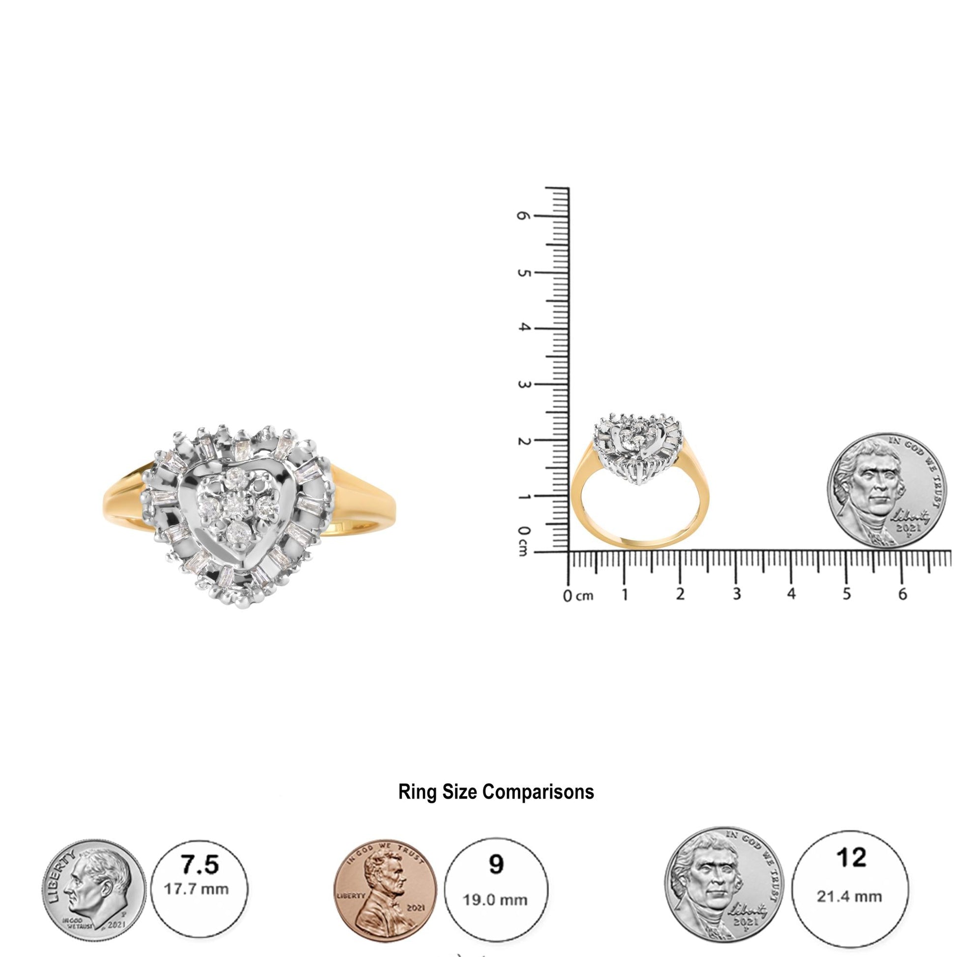 10K Yellow Gold 1/4 Cttw Round and Baguette cut Diamond Heart Shape Ballerina Ring (H-I Color, I1-I2 Clarity)-4