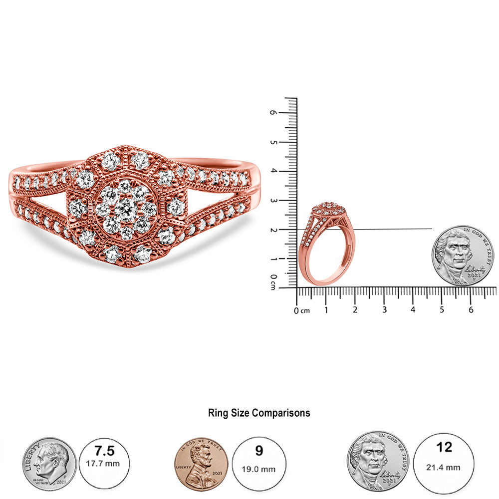 14K Rose Gold Plated .925 Sterling Silver 1/2 Cttw Pave Diamond Halo Cluster Split Shank Cocktail Ring (I-J Color, I1-I2 Clarity)-4