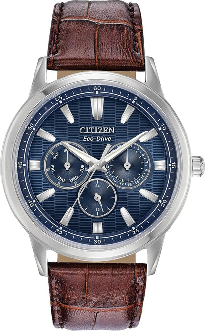 Citizen Men's Eco-Drive Corso Classic Watch in Stainless Steel with Brown Leather strap, Blue Dial (Model: BU2070-12L)