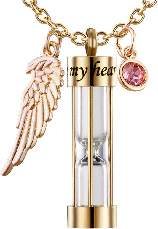 Cremation Urn Necklace for Ashes Timeless Hourglass Memorial Pendant Keepsake Jewelry for Human Pet Ashes with 12 Birthstone Angel Wing