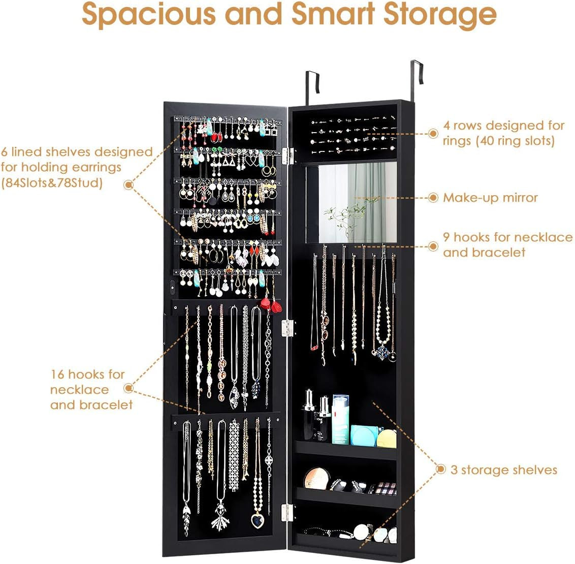 Jewelry Armoire Cabinet Wall Door Mounted with Full Length Mirror, Jewelry Organizer with Makeup Mirror, Ring Earring Slots, Necklace Hooks, Large Capacity Storage Jewelry Armoire (Black)