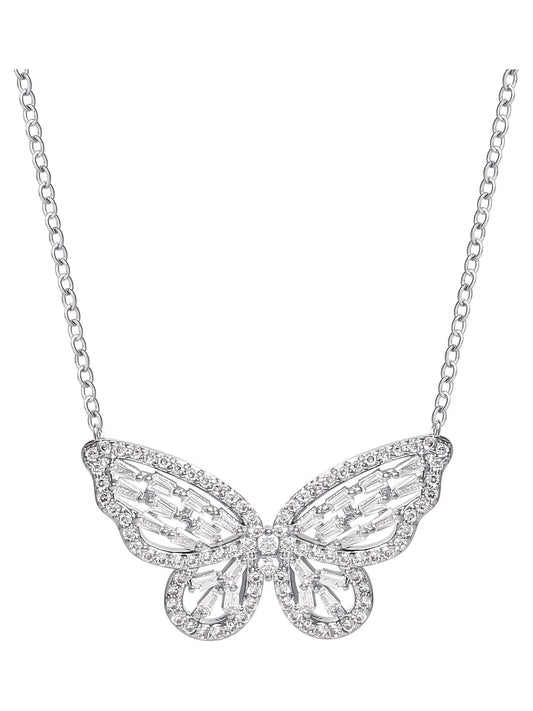 - Women'S Fine Silver Plated Cubic Zirconia Butterfly Necklace, 18" + 2"