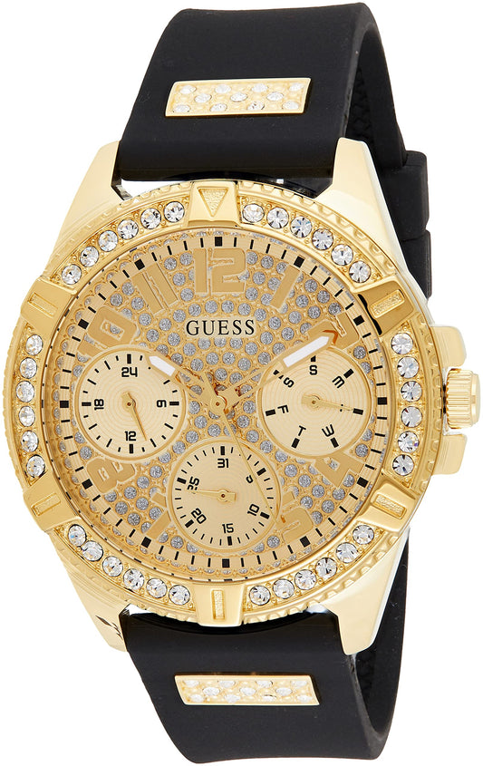 GUESS Gold-Tone Stainless Steel Crystal Encrusted Dial with Black Stain Resistant Silicone Watch