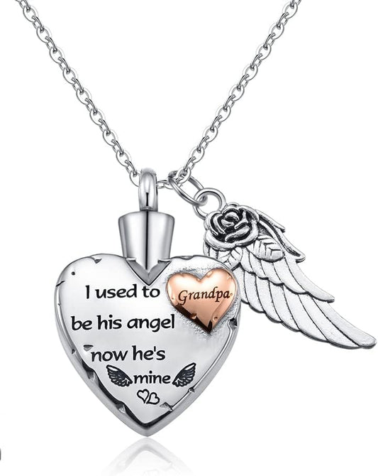 Memorial Necklace Stainless Steel Heart Angel Wing Necklace for Men Women