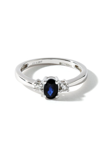 9ct White Gold Sapphire and 0.10ct Diamond Three Stone Ring-0