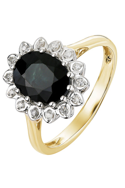 9ct Yellow Gold Black Sapphire and Diamond Cluster Ring-0