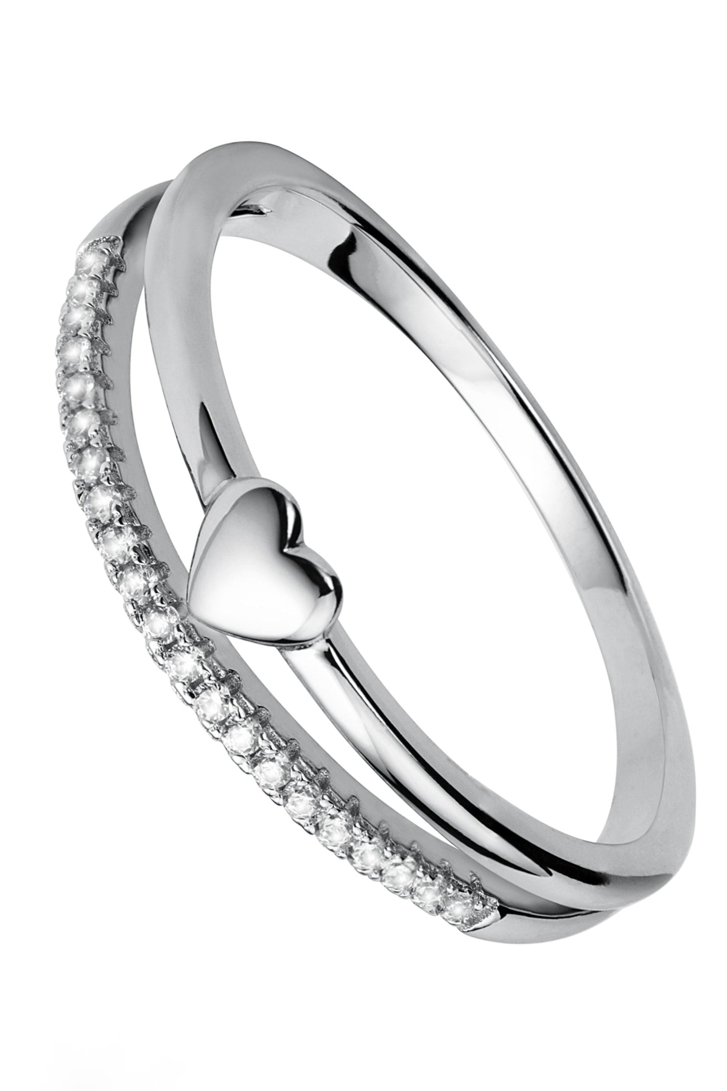 Sterling Silver Cubic Zirconia Two Row Heart Ring-0