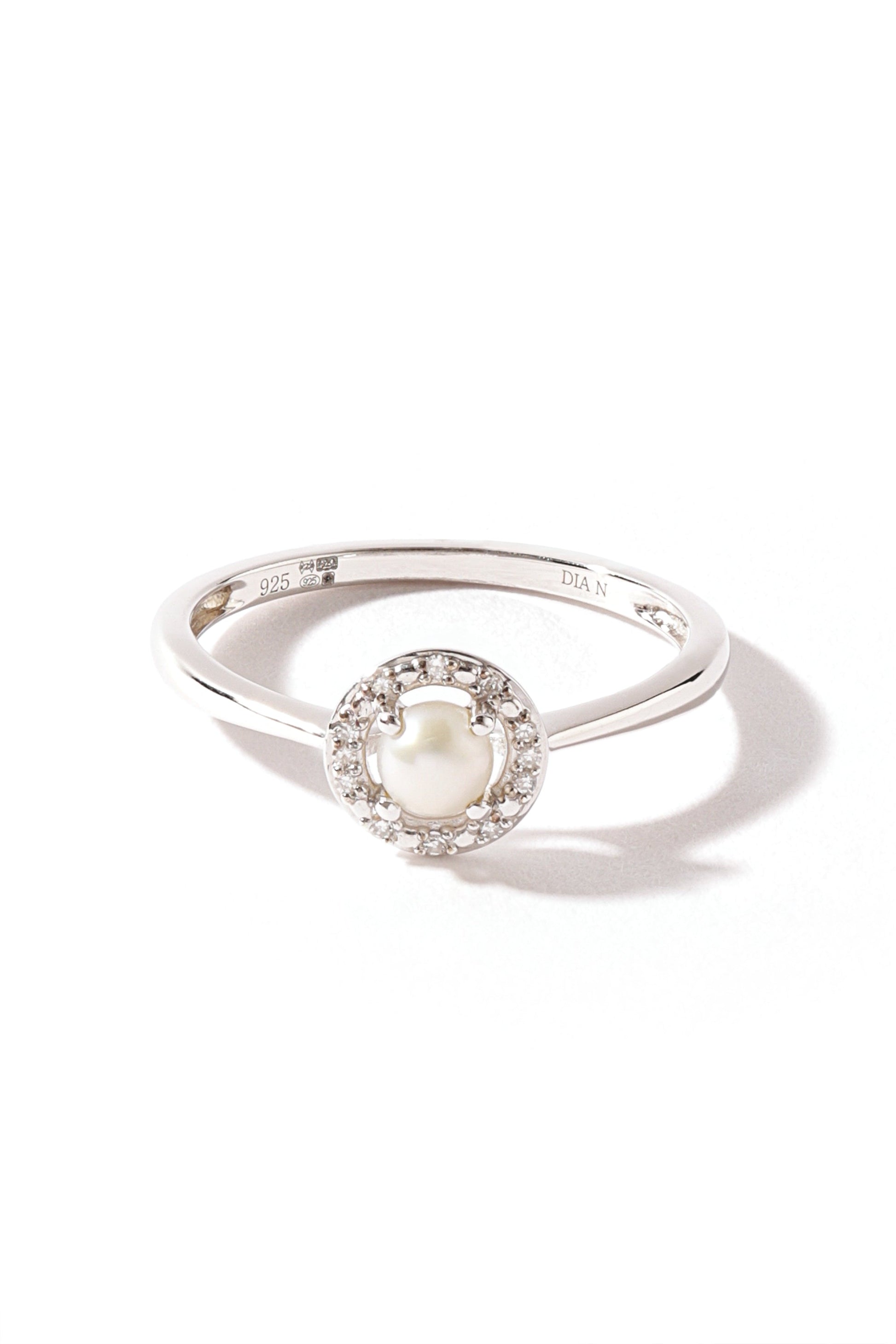 Sterling Silver Button Pearl and Diamond Halo Ring-0