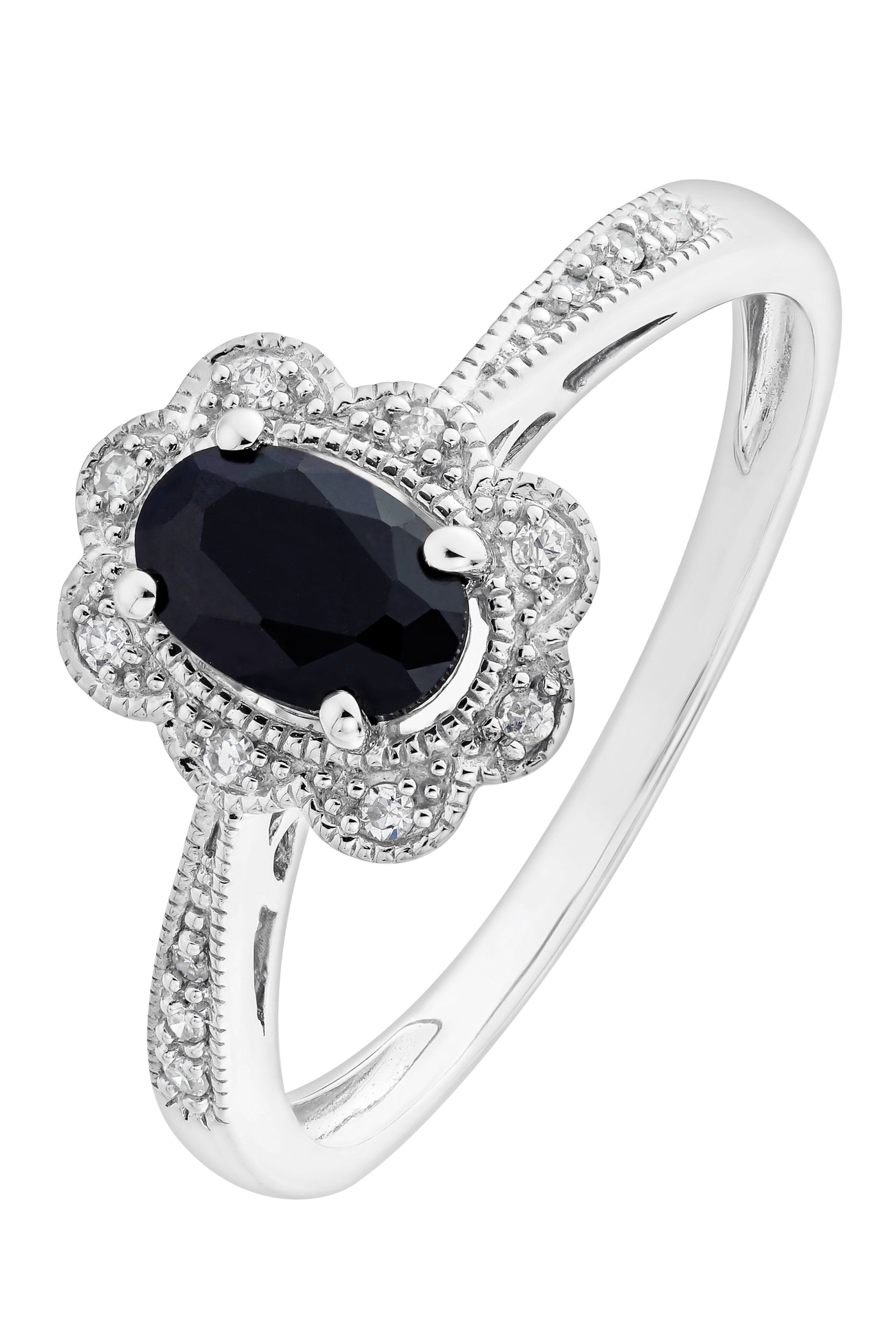 9ct White Gold 6x4 Black Sapphire and Diamond Ring-0