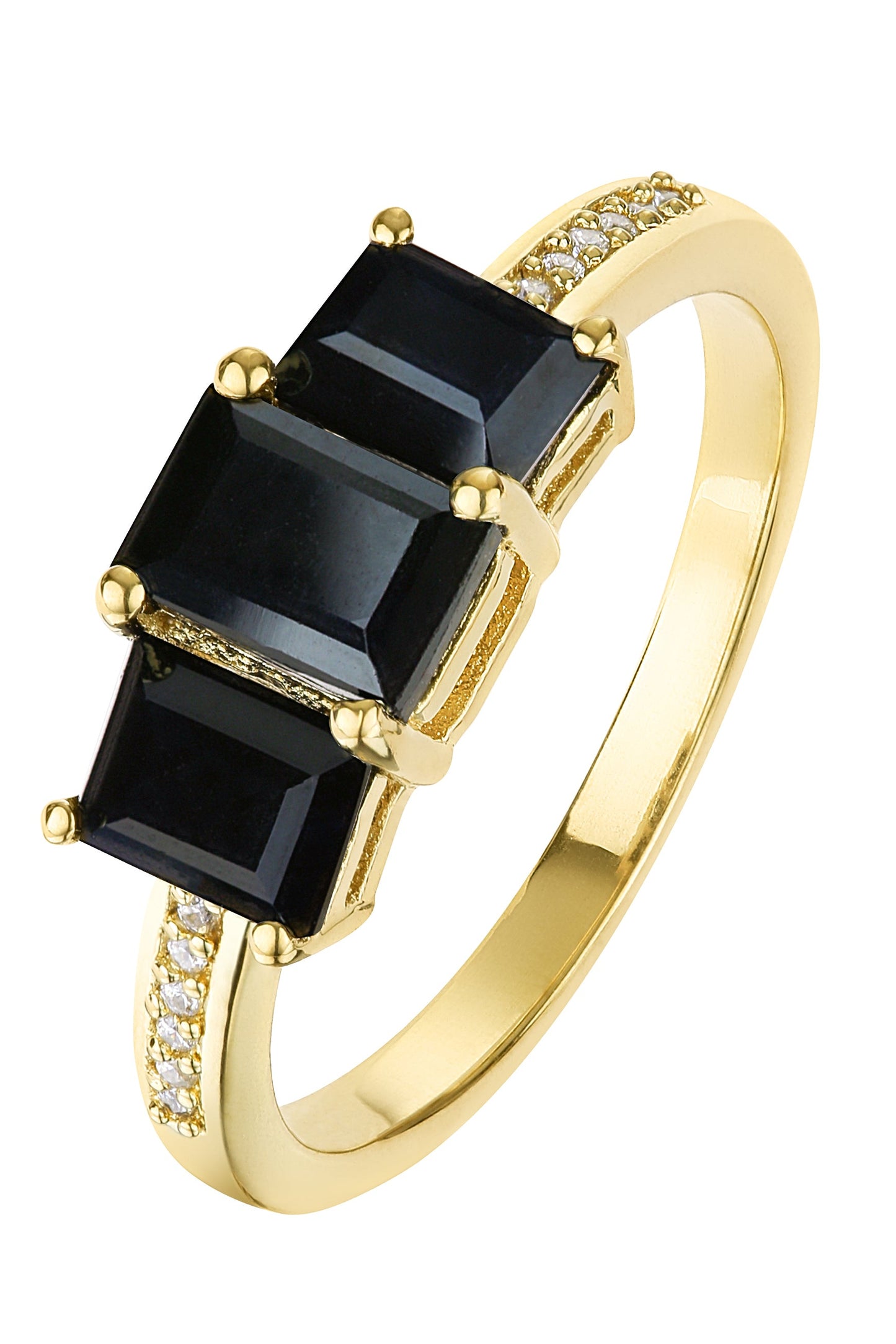 9ct Yellow Gold Black Sapphire and Diamond Three Stone Ring-0