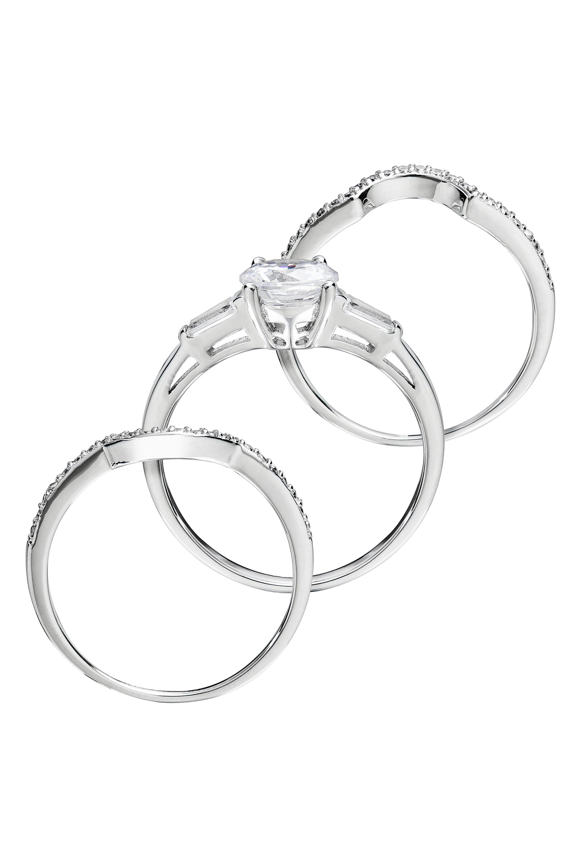 Sterling Silver Cubic Zirconia Halo Three Piece Ring Set-2