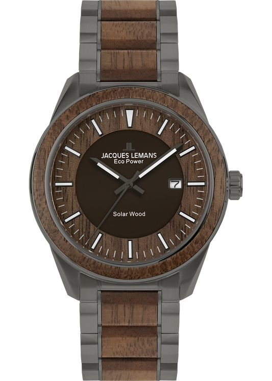 Eco Power Solar Wood Stainless Steel Grey Men's Bracelet Watch-0