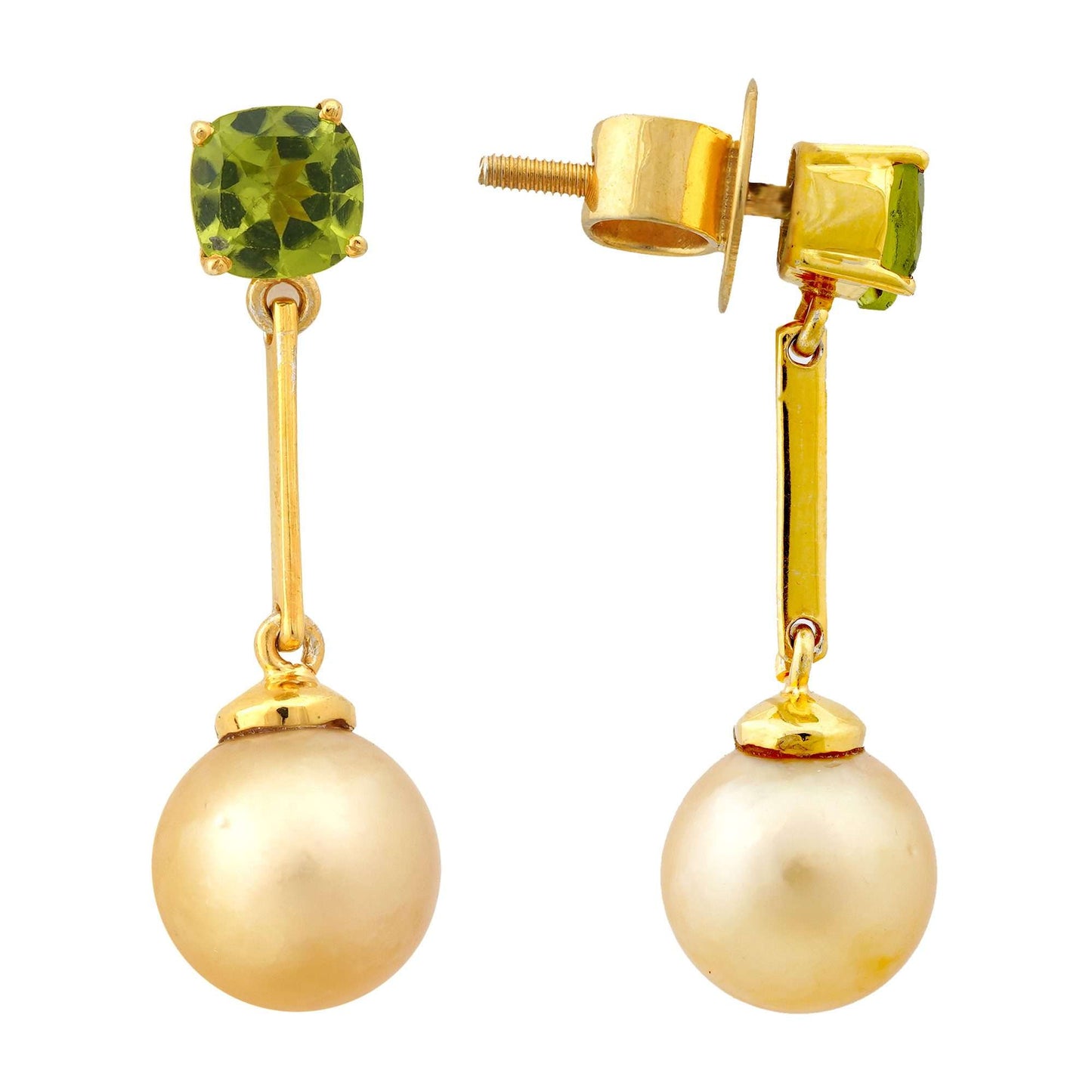 Golden South Sea pearl drop earrings with green peridot