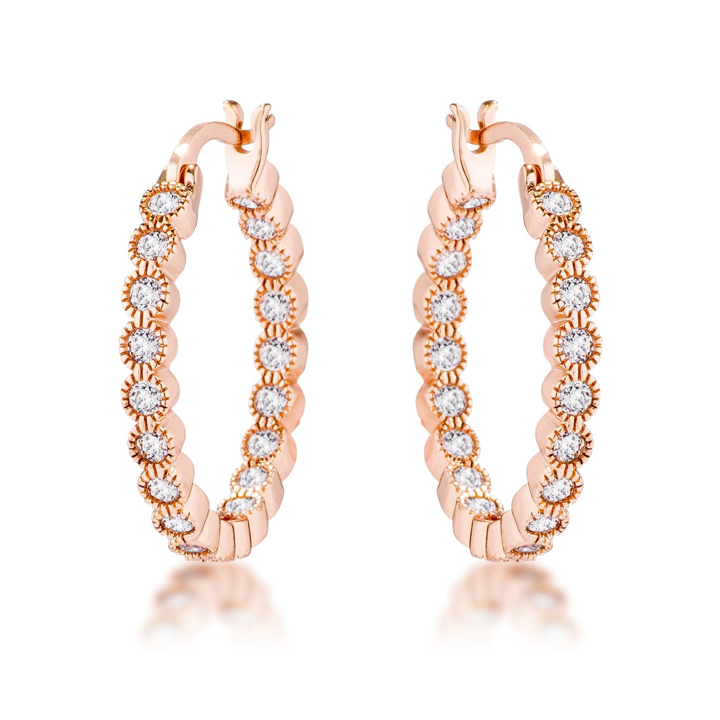 Rose Gold Plated Dotted Clear CZ Round Bezel Hoop Earrings