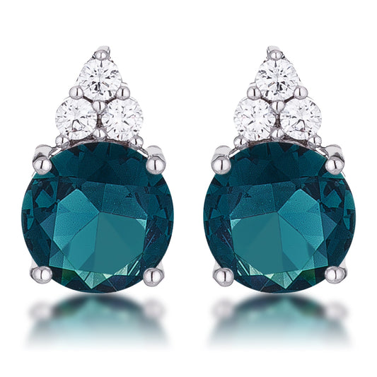 Simple Rhodium Plated 9mm Blue Green CZ Stud Earring