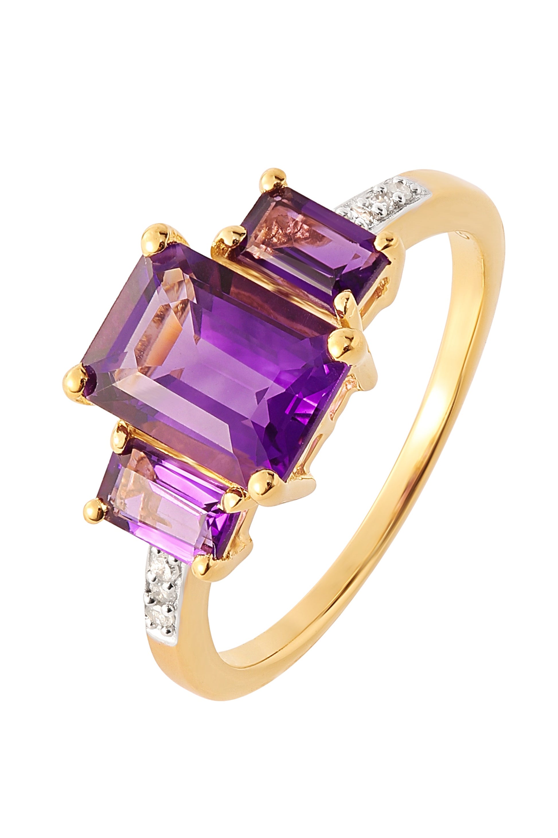 Sterling Silver Gold Plated Amethyst & Diamond Trilogy Ring-0