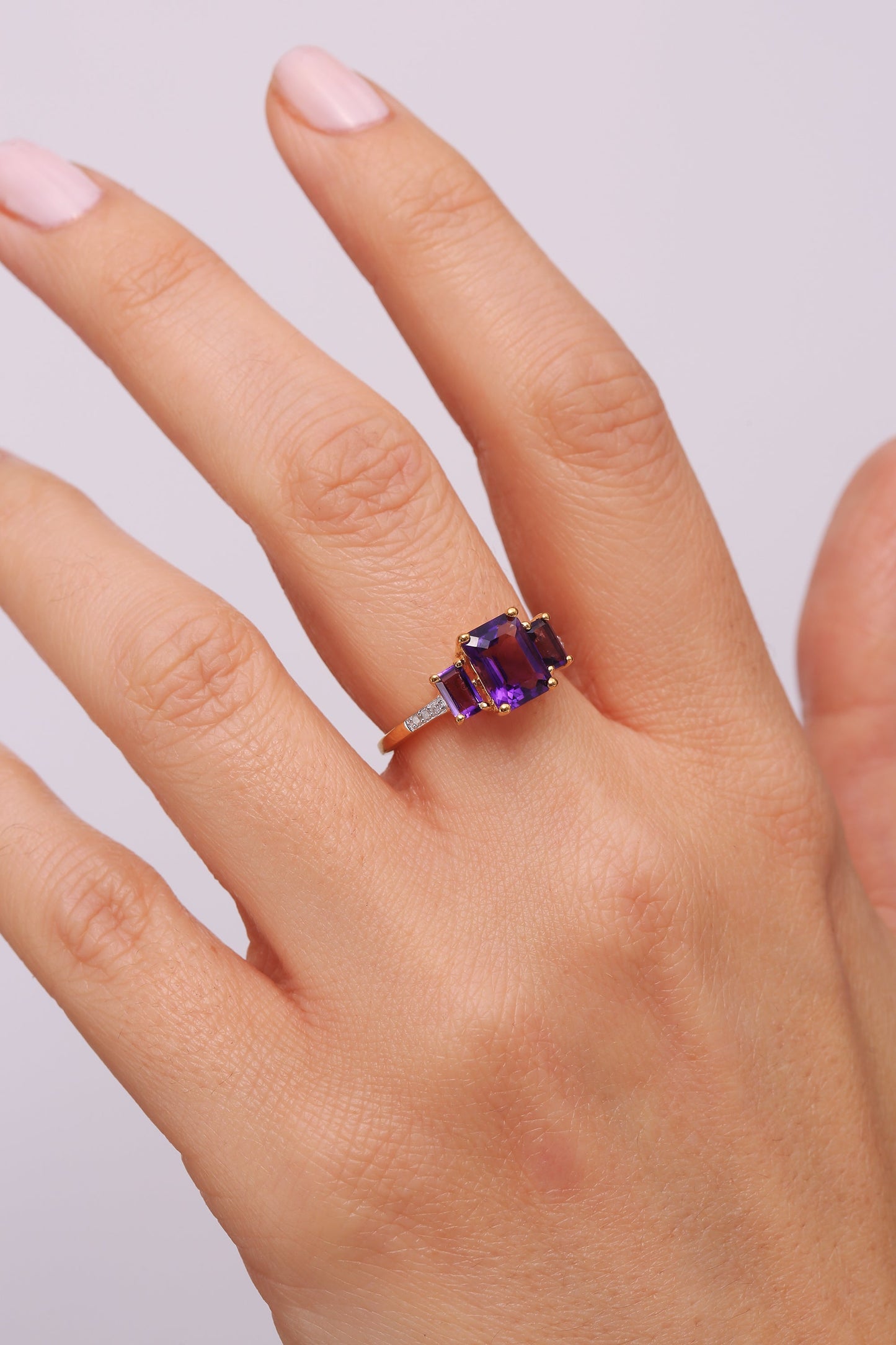 Sterling Silver Gold Plated Amethyst & Diamond Trilogy Ring-1