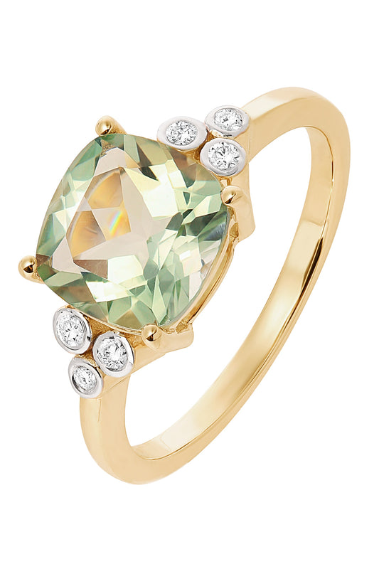 9ct Yellow Gold Green Amethyst and Diamond Ring-0