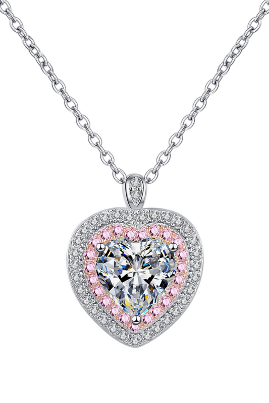 1 Carat Moissanite Diamond 18K White Gold with 18K Rose Gold Accents Heart Pendant Necklace