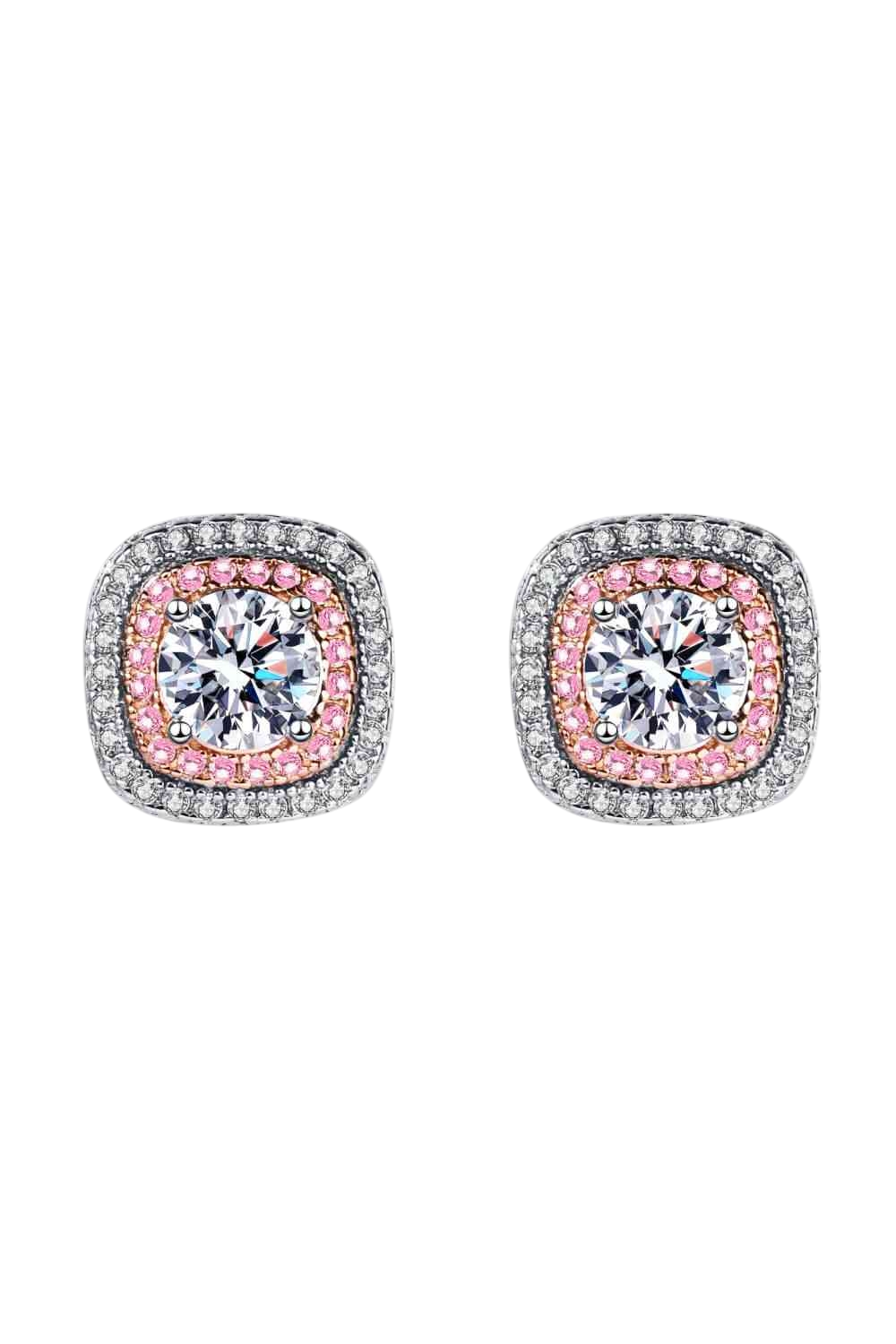 Geometric Moissanite Diamond with Pink Zircon Accents 925 Sterling Silver Stud Earrings